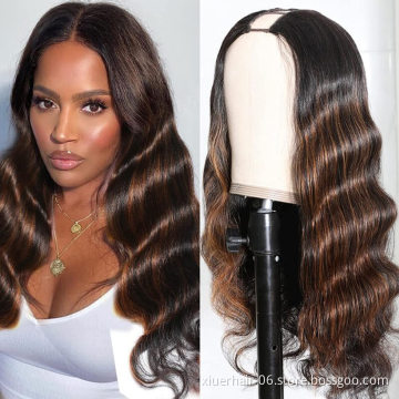 Highlights Closure Brazilian Virgin 200% Density 24 Inch Curly Ombre Brown Blonde U Part Human Hair Wig For Black Women